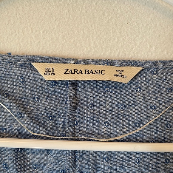 Zara blue linen cotton blend wrap-around blouse bow tie tassel cinched sleeve - Picture 6 of 9